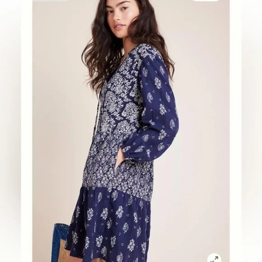 Navy Blue Women's Carlita Tiered Dress Maeve by Anthropologie Small Petite - Picture 2 of 7
